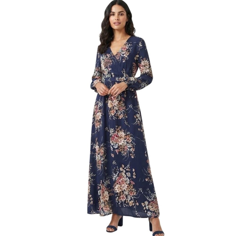Shein Maxi Floral Faux Wrap Dress Long Sleeves Fall Flowy Boho Large